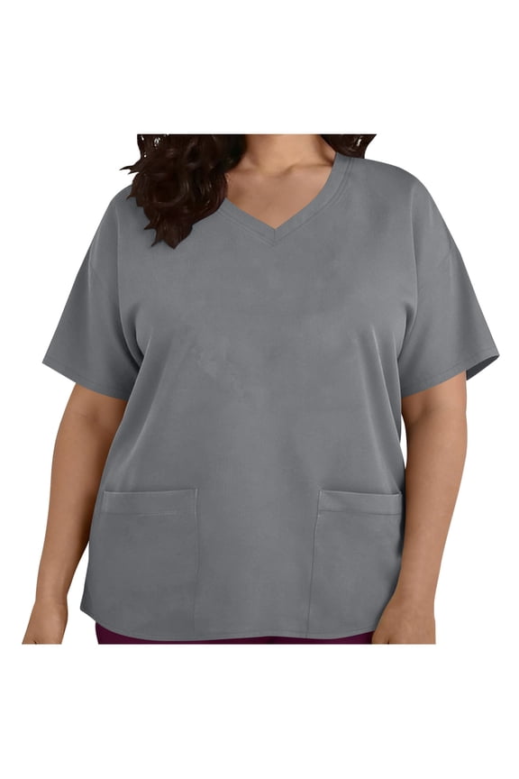 Women's Plus Size Scrub Tops with Pocket Solid Color Short Sleeve V-Neck Pullover for Nursing Uniform, Comfortable and Functional Tops for Women