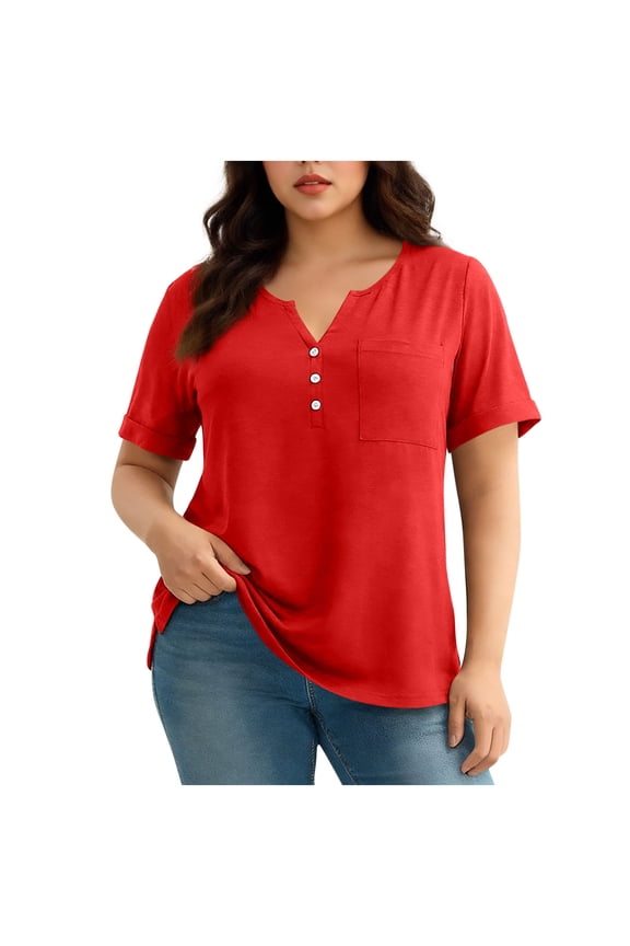 Women's Plus Size V-Neck Pocket T-Shirt - Soft Casual Short Sleeve Tee with Button Placket Plus Size Women T-Shirts