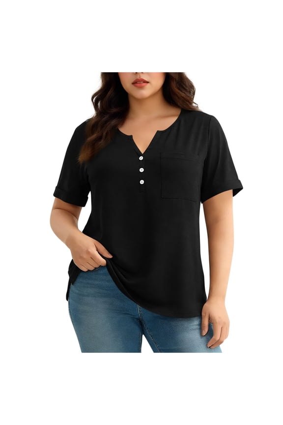 Women's Plus Size V-Neck Pocket T-Shirt - Soft Casual Short Sleeve Tee with Button Placket Plus Size Women T-Shirts