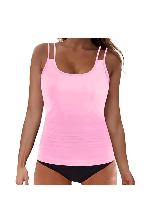 Women's Push-Up Padded Tankini Swimsuit Set with High Waist Bottom and Spaghetti Straps, Slimming Solid Color Swimwear for Beach Vacation