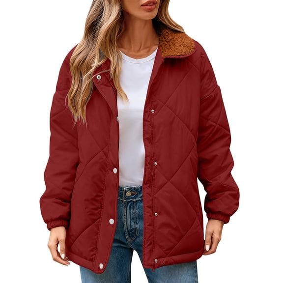 Kukoosong Women's Quilted Jacket, Winter Casual Button Down Jacket, Solid Color Long Sleeve Warm Fleece Jacket with Pockets
