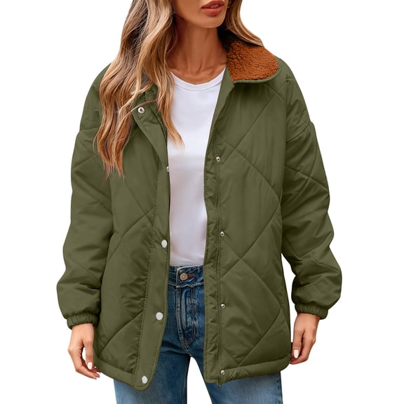 Kukoosong Women's Quilted Jacket, Winter Casual Button Down Jacket, Solid Color Long Sleeve Warm Fleece Jacket with Pockets