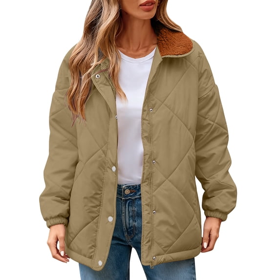 Kukoosong Women's Quilted Jacket, Winter Casual Button Down Jacket, Solid Color Long Sleeve Warm Fleece Jacket with Pockets