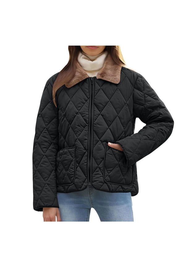 Women's Quilted Winter Coat, Girls Fashion Casual Warm Down Jackets, Oversized Solid Color Zipper Parkas Coats with Pockets