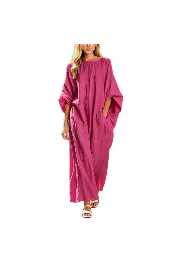 Women's Round Neck Batwing Sleeve Maxi Dress, Loose Fit Casual Caftan Dress with Pockets, Summer Beach Dress for Women