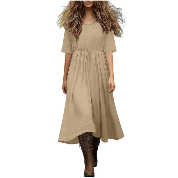 Kukoosong Women's Round Neck Short Sleeve Tiered Midi Dress, Loose Flowy Casual Swing Dress for Summer, Boho Cotton Linen Dress for Women Vacation