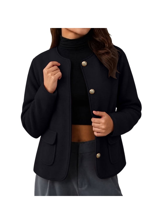 Women's Round Neck Tweed Blazer Jacket, Long Sleeve Open Front Button Decor Cropped Wool Blend Coat with Patch Pockets, Fall Spring Elegant Casual Outerwear for Office Daily Wear