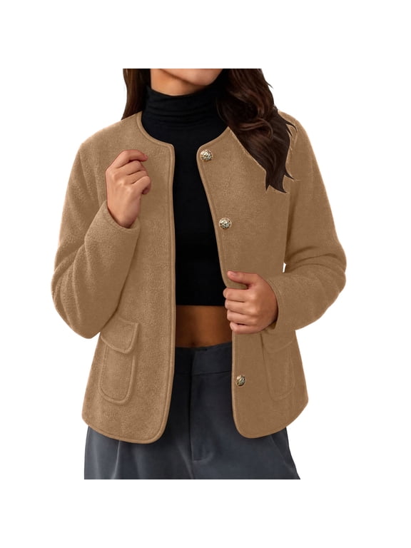 Women's Round Neck Tweed Blazer Jacket, Long Sleeve Open Front Button Decor Cropped Wool Blend Coat with Patch Pockets, Fall Spring Elegant Casual Outerwear for Office Daily Wear