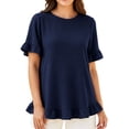 thumbnail image 1 of Kukoosong Women's Ruffle Short Sleeve T-Shirts, Summer Relaxed Curved Crew Neck Tops, Casual Double Ruffle Hem Crinkled Solid Plain Tee Tops for Office Vacation, 1 of 5