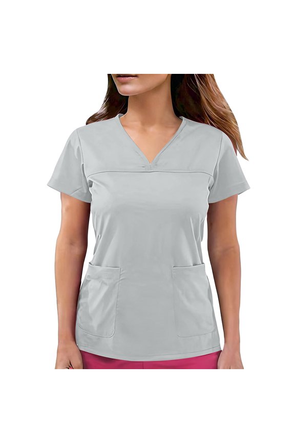 Women's Scrub Tops with Pockets Solid Color Short Sleeve V-Neck Pullover for Nursing Uniform, Functional and Breathable Tops for Women