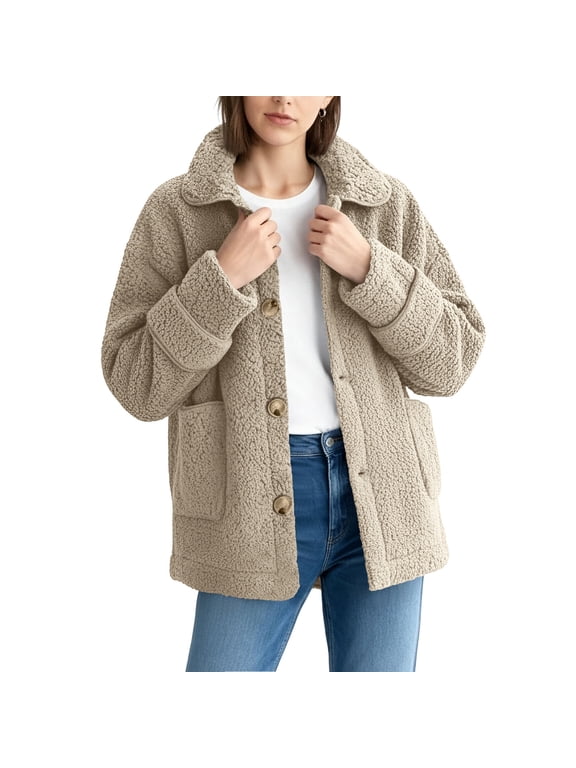 Women's Sherpa Jacket, Fashion Casual Wool Fleece Jacket, Long Sleeve Button Down Winter Warm Zipper Coat with Pockets
