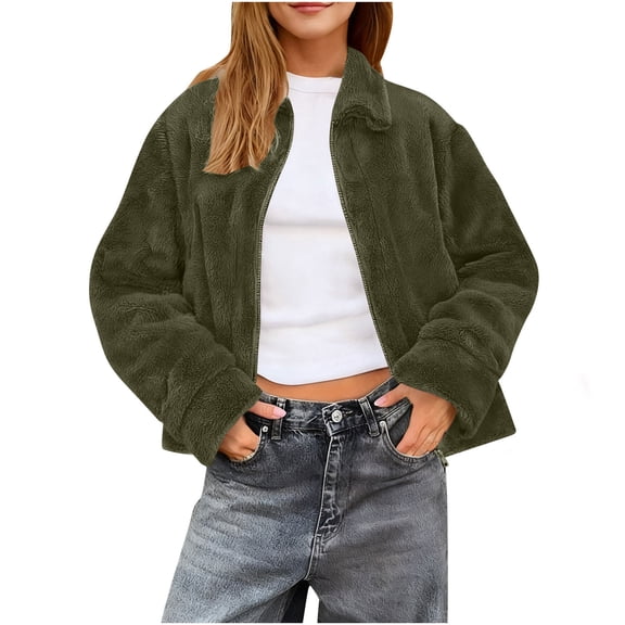 Kukoosong Women's Sherpa Jacket, Fashion Cropped Casual Fleece Jacket, Long Sleeve Zipper Turn Down Collar Winter Warm Coat with Pockets