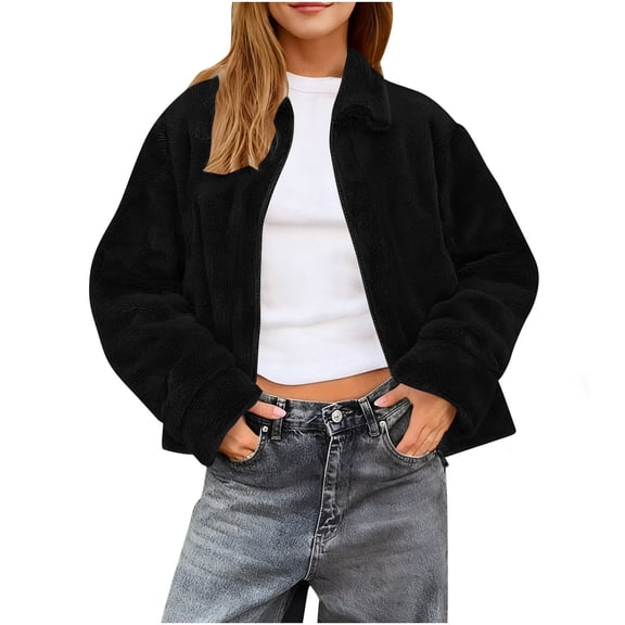 Kukoosong Women's Sherpa Jacket, Fashion Cropped Casual Fleece Jacket, Long Sleeve Zipper Turn Down Collar Winter Warm Coat with Pockets