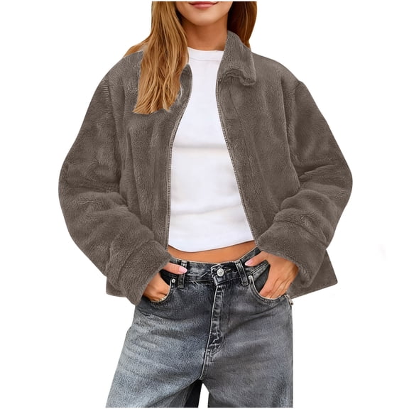 Kukoosong Women's Sherpa Jacket, Fashion Cropped Casual Fleece Jacket, Long Sleeve Zipper Turn Down Collar Winter Warm Coat with Pockets