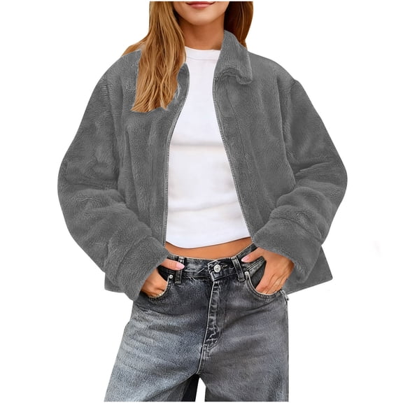 Kukoosong Women's Sherpa Jacket, Fashion Cropped Casual Fleece Jacket, Long Sleeve Zipper Turn Down Collar Winter Warm Coat with Pockets