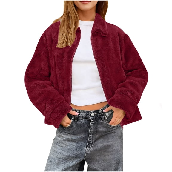 Kukoosong Women's Sherpa Jacket, Fashion Cropped Casual Fleece Jacket, Long Sleeve Zipper Turn Down Collar Winter Warm Coat with Pockets