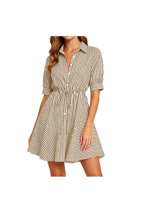 Women's Short Sleeve Collared Button Down Mini Dress, Striped Pattern A-Line Dress, Drawstring Waist Ruffle Hem Flowy Summer Dress