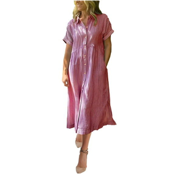 Kukoosong Women's Short Sleeve Collared Button Front Casual Printed Striped Cocktail Dress for Summer Party