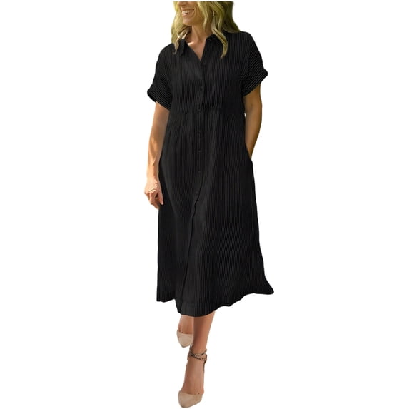 Kukoosong Women's Short Sleeve Collared Button Front Casual Printed Striped Cocktail Dress for Summer Party