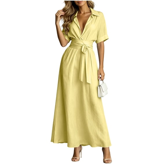 Wrapped Party Kukoosong Women's Short Sleeve Shirt Collar Wrap Maxi Dress, Tie Waist ...