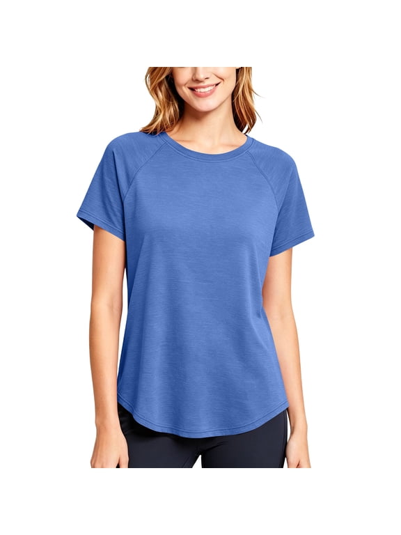 Women's Short Sleeve T-Shirts, Summer Crew Neck Curved Hem Relaxed Fit Tops, Casual Solid Color Workout Tee Tops, Yoga Gym Running Mesh Back T-Shirt