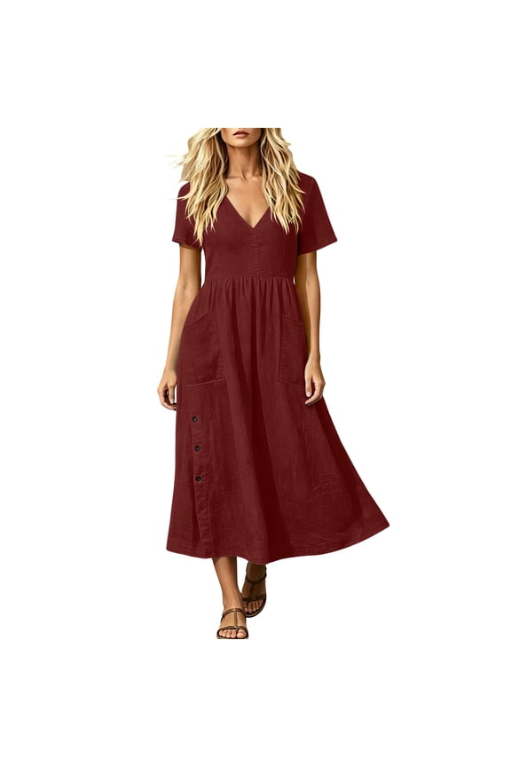 Women's Short Sleeve V-Neck Midi Dress with Side Button, Pockets Flowy A-Line Tea-Length Dress, Casual Summer Dress for Women