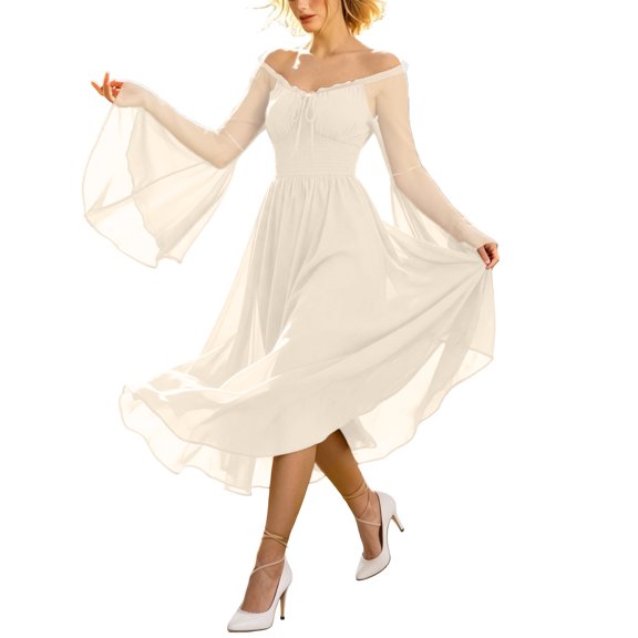 Kukoosong Women's Off The Shoulder Chiffon Midi Dress, Bell Long Sleeve Smocked Waist Flowy Dress, Elegant A Line Party Wedding Guest Dress for Formal Occasions