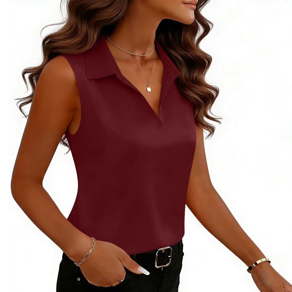 Kukoosong Women's Sleeveless Collared Blouse Pullover Workwear Top with Turn Down Collar Slim Fit Solid Color for Casual Daily Office Wear
