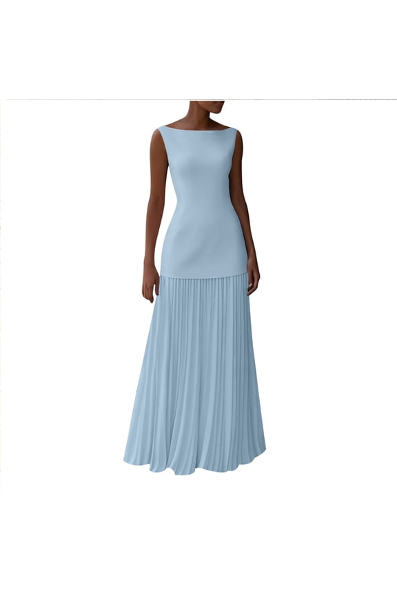 Women's Sleeveless Crew Neck Solid Color Two Piece Maxi Evening Dress Set for Party Wedding Formal Occasions Dress