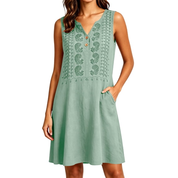 Kukoosong Women's Sleeveless Embroidered Tank Dress with Pockets, V-Neck Button Front Mini Casual Loose Flowy A-Line Tunic Dress, Summer Beach Boho Dress