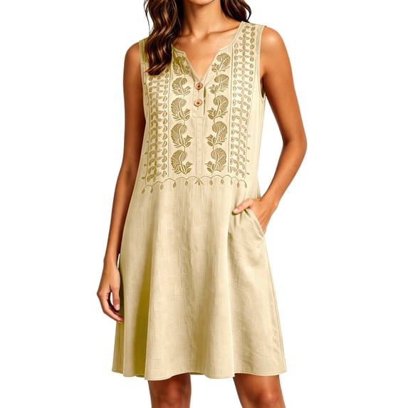 Kukoosong Women's Sleeveless Embroidered Tank Dress with Pockets, V-Neck Button Front Mini Casual Loose Flowy A-Line Tunic Dress, Summer Beach Boho Dress