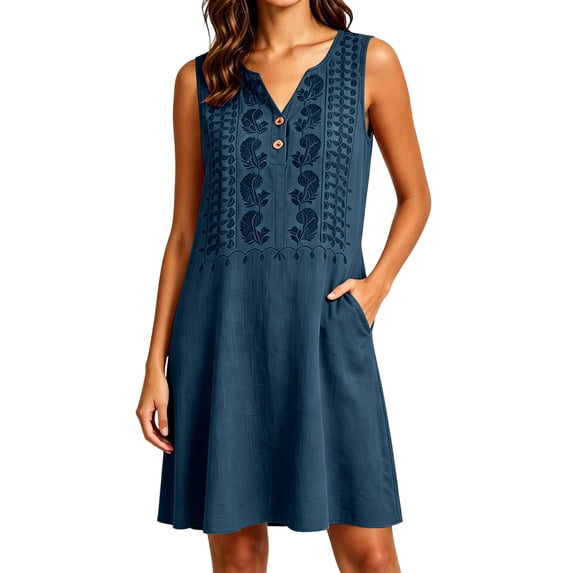 Kukoosong Women's Sleeveless Embroidered Tank Dress with Pockets, V-Neck Button Front Mini Casual Loose Flowy A-Line Tunic Dress, Summer Beach Boho Dress