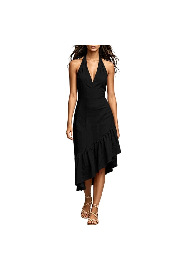 Women's Sleeveless Midi Dress, Halter Neck V-Neck Ruffle Hem Dress, Casual Summer Beach Flowy Sundress, Lightweight Asymmetrical A-Line Backless Dress