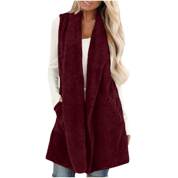 Kukoosong Women's Sleeveless Sherpa Vest, Lapel Open Front Fleece Cardigan Sweater with Pockets, Fuzzy Jacket Coat