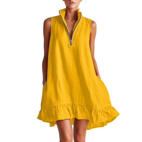 Kukoosong Women's Sleeveless Zip Collar Ruffle Hem Tank Mini Dress, Solid Color Loose Shift Dress with Side Pocket, Irregular Hem Short Summer Sundress