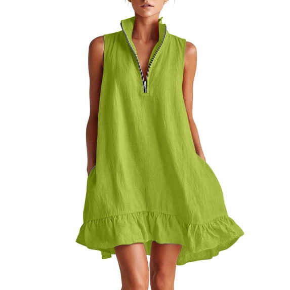 Kukoosong Women's Sleeveless Zip Collar Ruffle Hem Tank Mini Dress, Solid Color Loose Shift Dress with Side Pocket, Irregular Hem Short Summer Sundress