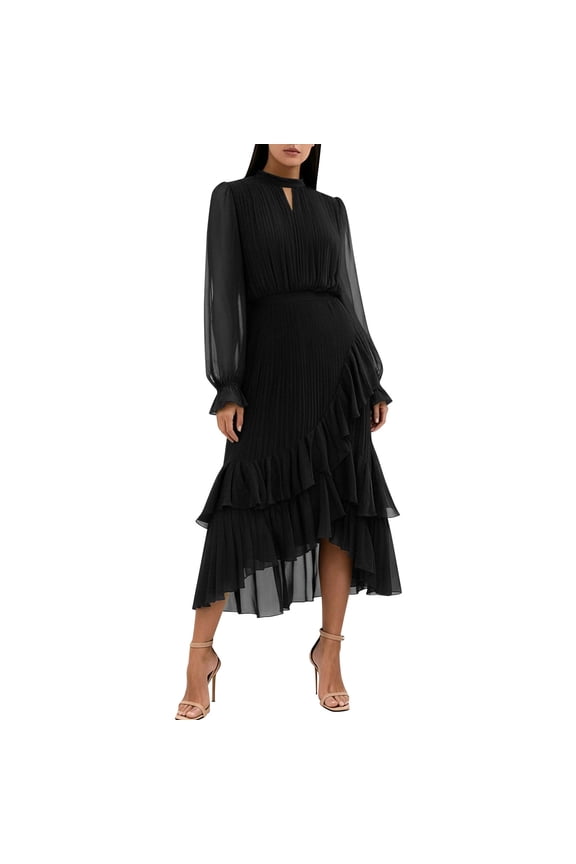 Women's Slim Fit Pleated Ruffled Tea-Length Evening Gown with Long Sleeves and Irregular Hem for Party and Formal Occasions Dresses