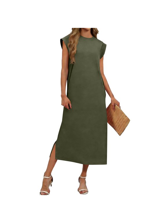Women's Slim Fit Sundress Tea-Length Sleeveless Crew Neck Solid Color Casual Party Cocktail Summer Dresses