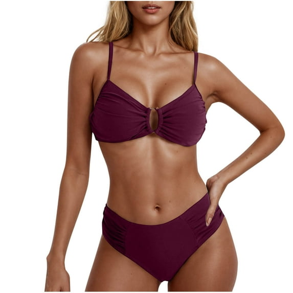 Kukoosong Women's Solid Color Adjustable Backless Bikini Set with Spaghetti Straps Support Bralette and High Cut Briefs for Swimming Beach Vacation