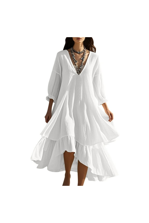 Women's Solid Color Bohemian Peasant Casual V-Neck 3/4 Sleeve Maxi Dress for Summer Vacation Party Wedding Dresses