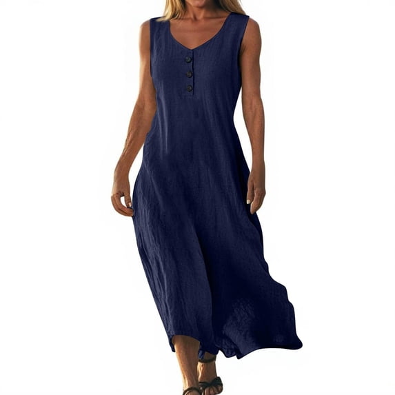 Kukoosong Women's Solid-Color Casual Sleeveless Crew-Neck Tea-Length A-Line Dress Summer Tank Dress Beach Sundresses