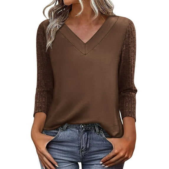 Kukoosong Women's Solid Color Casual V-Neck Three Quarter Sleeve Crop Top Pull-On Active Fit Fashion Comfortable Breathable Blouse