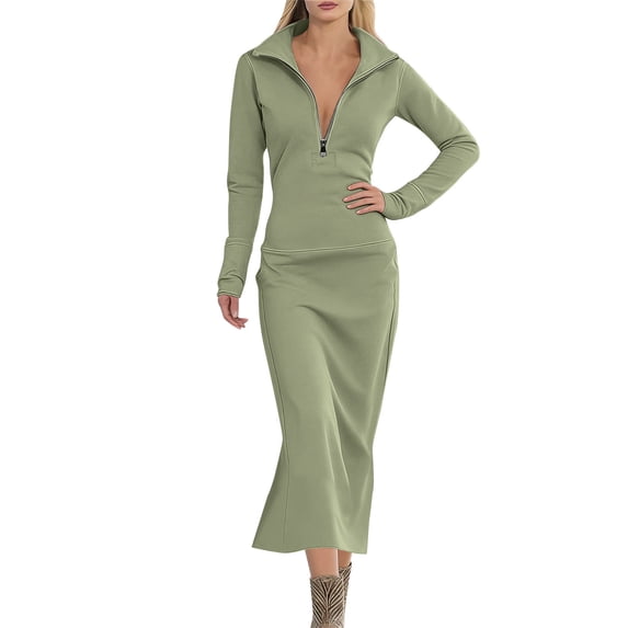 Kukoosong Women's Solid Color Long Sleeve Bodycon Tea Length Dress with Turndown Collar for Casual Fashion Home and Work Wear Dresses