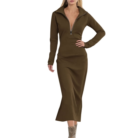 Kukoosong Women's Solid Color Long Sleeve Bodycon Tea Length Dress with Turndown Collar for Casual Fashion Home and Work Wear Dresses