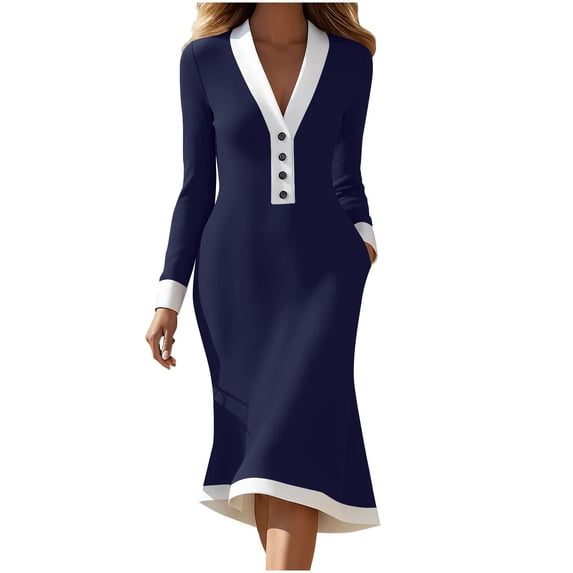 Kukoosong Women's Solid Color Mermaid Tea-Length Long Sleeve V-Neck Office Casual Empire Waist Tunic Dress