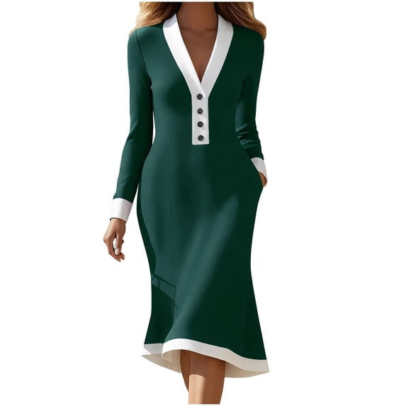 Kukoosong Women's Solid Color Mermaid Tea-Length Long Sleeve V-Neck Office Casual Empire Waist Tunic Dress
