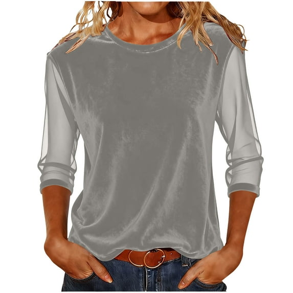Kukoosong Women's Solid Color Mesh Velvet 3/4 Sleeve Crop Top with Crew Neck and Ruffled Collar, Casual Elegant Lightweight Breathable Comfortable Blouse for Women