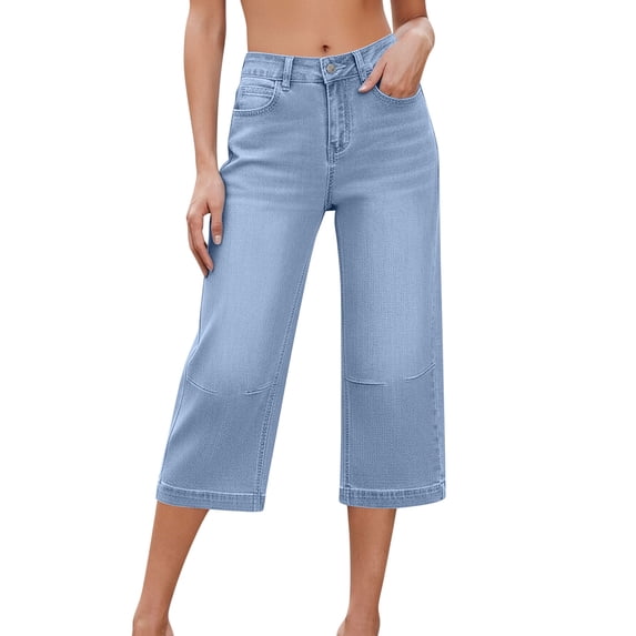 Kukoosong Women's Solid Color Straight Leg Denim Capris with Rigid Waist and Pockets Loose Fit Casual Cropped Pants for Summer
