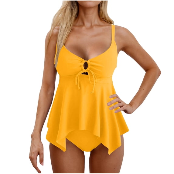 Kukoosong Women's Solid Color Tankini Swimsuit Set with Padded Bralette Top and High Waist Bottom, Adjustable Spaghetti Straps, Backless Design