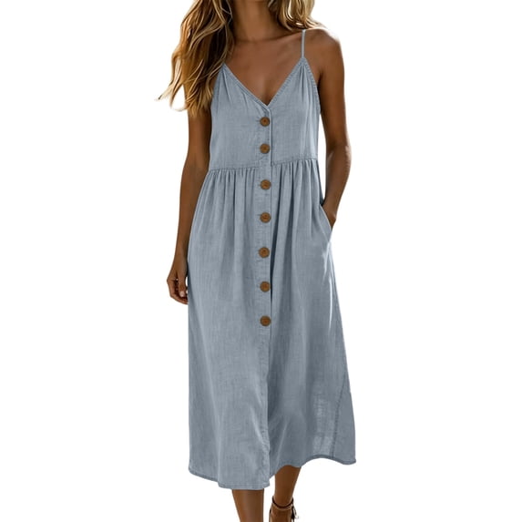 Kukoosong Women's Spaghetti Strap V Neck Midi Dress, Button Front Loose Sleeveless A-Line Dress, Casual Sundress with Side Pockets for Summer Daily